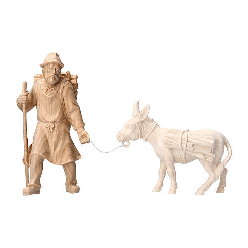 Shepherd with wood pulling for 12 cm Mountain Nativity Scene, natural Swiss pinewood 1