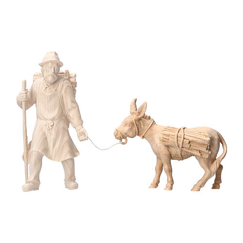 Esel mit Holz beladen, für 10 cm Grödner Krippe, Linie Montano Cirmolo, aus Naturholz 1