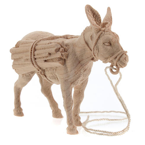 Esel mit Holz beladen, für 12 cm Grödner Krippe, Linie Montano Cirmolo, aus Naturholz 2