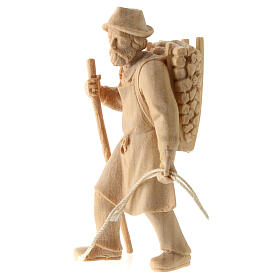 Ziehender Hirte und Esel mit Holz beladen, 2 Teile, für 10 cm Grödner Krippe, Linie Montano Cirmolo, aus Naturholz