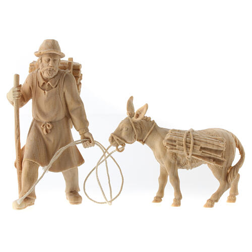 Ziehender Hirte und Esel mit Holz beladen, 2 Teile, für 10 cm Grödner Krippe, Linie Montano Cirmolo, aus Naturholz 1
