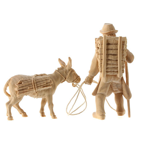 Ziehender Hirte und Esel mit Holz beladen, 2 Teile, für 10 cm Grödner Krippe, Linie Montano Cirmolo, aus Naturholz 4