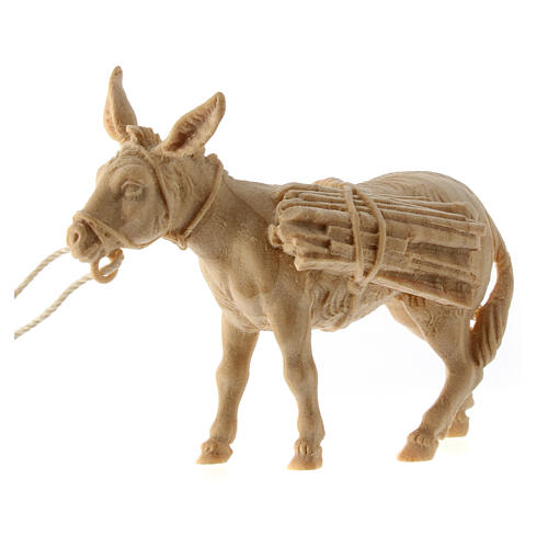 Pastore che tira con legna e asino presepe Montano Cirmolo legno naturale 10 cm 3