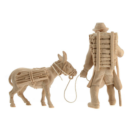 Ziehender Hirte und Esel mit Holz beladen, 2 Teile, für 12 cm Grödner Krippe, Linie Montano Cirmolo, aus Naturholz 7
