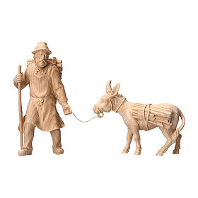 Pastor que tira con leña y burro belén Montano Cembro madera natural 12 cm