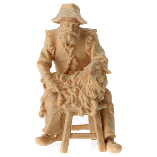 Pastor sentado com ovelha presépio de montanha 12 cm em pinheiro de cembro natural 1
