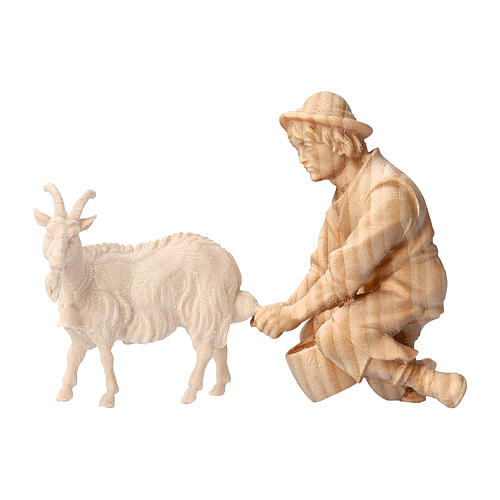 Shepherd milking, Mountain Nativity Scene, natural Swiss pinewood, 10 cm characters 1