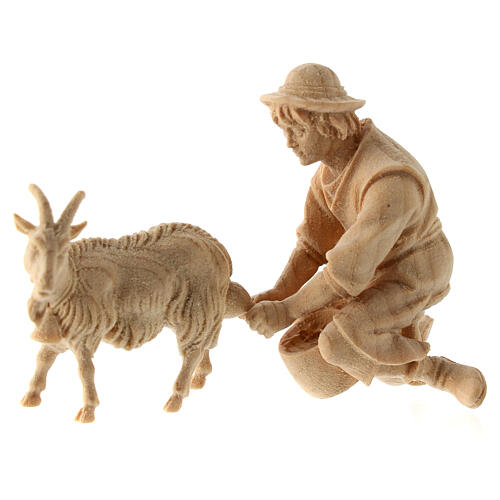 Shepherd milking a goat, Mountain Nativity Scene, natural Swiss pinewood, 10 cm characters 1
