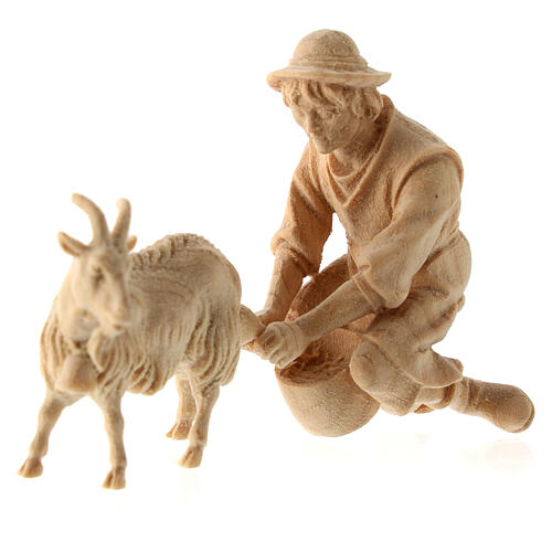 Shepherd milking a goat, Mountain Nativity Scene, natural Swiss pinewood, 10 cm characters 3