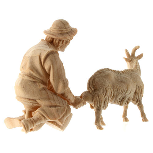 Shepherd milking a goat, Mountain Nativity Scene, natural Swiss pinewood, 10 cm characters 6