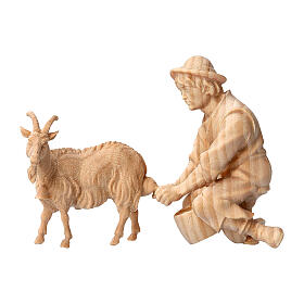 Nativity shepherd milking with goat in Mountain Pine natural wood 12 cm