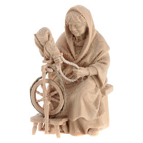 Old lady with spinning wheel, natural Swiss pinewood character for 10 cm Mountain Nativity Scene