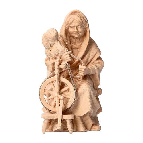 Anziana contadina con filatoio Montano Cirmolo legno naturale 12 cm presepe 1