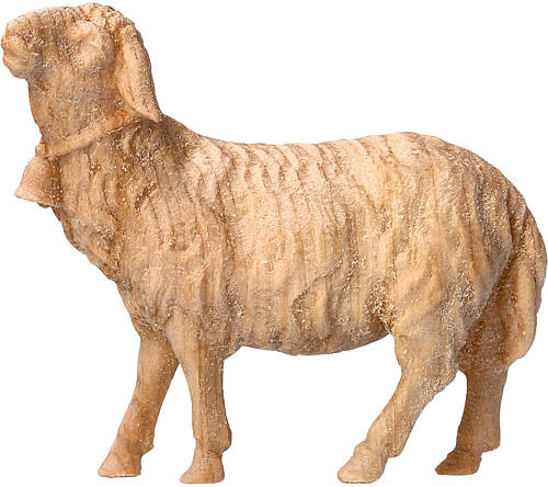 Schaf mit Glocke, für 10 cm Grödner Krippe, Linie Montano Cirmolo, aus Naturholz 1
