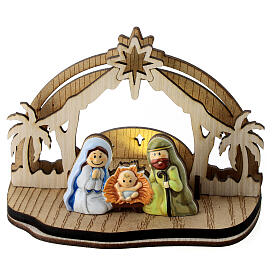 Nativity Scene with 4 cm characters, wood setting and lights 10x15x5 cm