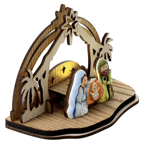 Nativity Scene with 4 cm characters, wood setting and lights 10x15x5 cm 3