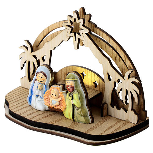 Scène Nativité bois avec lumière 10x15x5 cm statues 4 cm 2