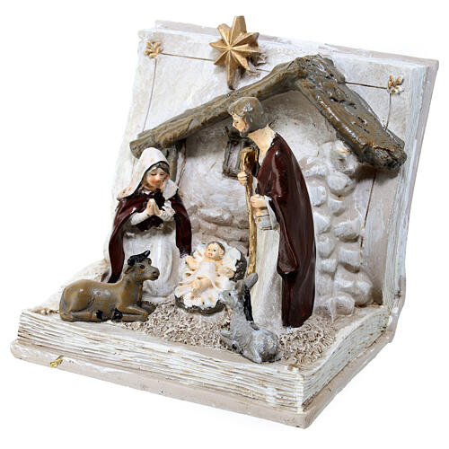 Nativity in a book with 8 cm characters 10x10x10 cm, painted resin 2