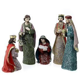 Krippenset Krippe und Heilige Drei Könige aus farbigem Harz, 20 cm