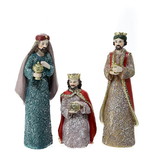 Set belén 20 cm Natividad y Reyes Magos resina coloreada 3