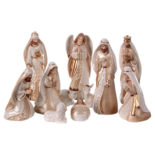 Belén porcelana pintada blanco oro rosa 11 estatuas 16 cm 1