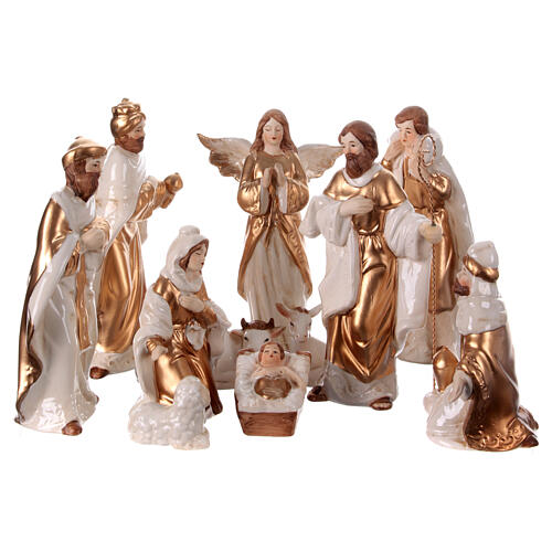 White and old gold porcelain Nativity Scene, set of 11 statues of 18 cm 1