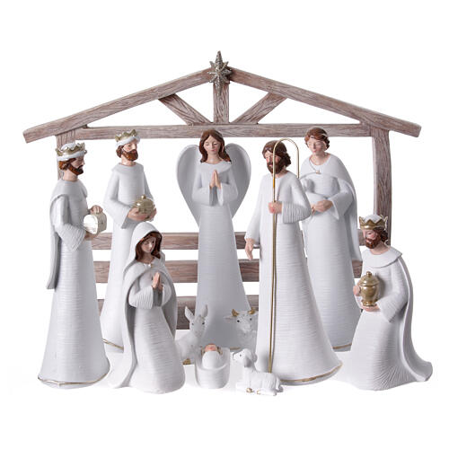 Belén cabaña estilizada 20 cm resina blanca 11 figuras 1