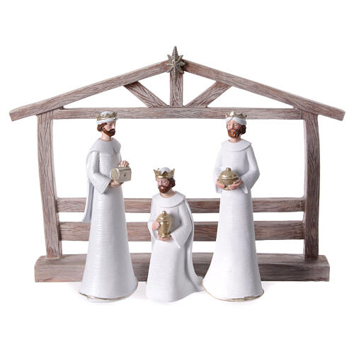 Belén cabaña estilizada 20 cm resina blanca 11 figuras 3