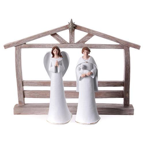 Belén cabaña estilizada 20 cm resina blanca 11 figuras 4