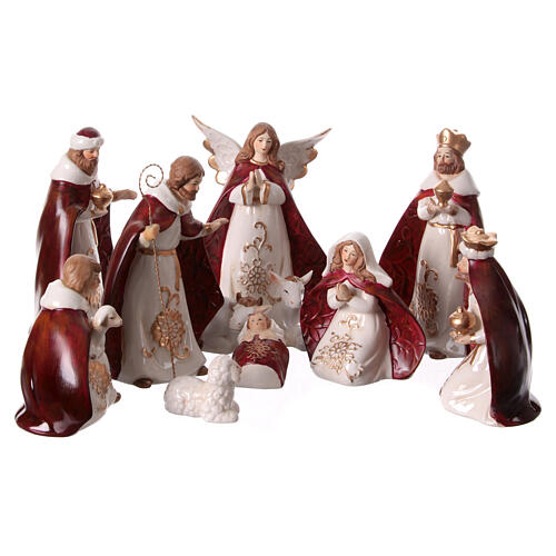 Porcelain nativity scene painted red white 20 cm 11 statues 1