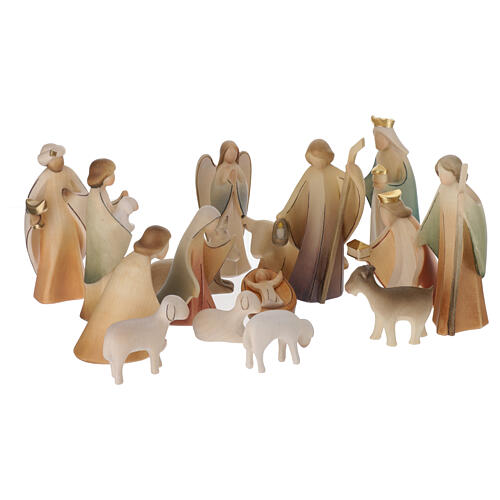 Val Gardena Nativity Scene, 17 painted figurines of 13 cm, "Aram" collection 6