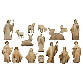 Complete Aram Nativity Scene of 17 pieces, bicoloured patinated wood of Val Gardena, 10 cm