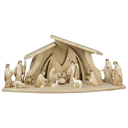 Complete Aram Nativity Scene of 17 pieces, bicoloured patinated wood of Val Gardena, 10 cm 1