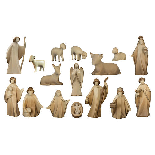 Complete Aram Nativity Scene of 17 pieces, bicoloured patinated wood of Val Gardena, 10 cm 1