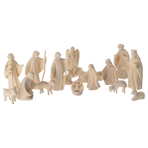 Nativity Scene complete set, 17 figurines of 13 cm, natural wood of Val Gardena, Aram collection 1
