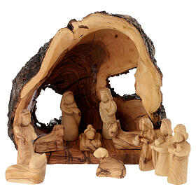 Olivewood trunk stable with 8 cm Nativity Scene, Bethlehem