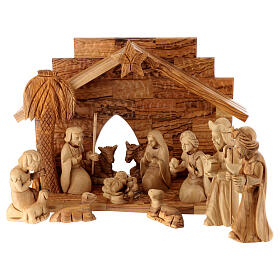 Stable with Nativity Scene set, 12 figurines of 14 cm, olivewood, 20x30x15 cm