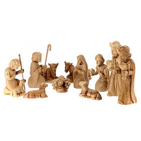 Stable with Nativity Scene set, 12 figurines of 14 cm, olivewood, 20x30x15 cm