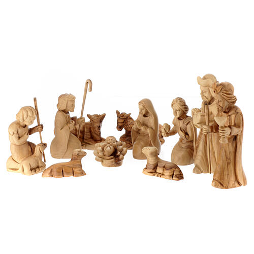 Stable with Nativity Scene set, 12 figurines of 14 cm, olivewood, 20x30x15 cm 2