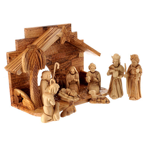 Stable with Nativity Scene set, 12 figurines of 14 cm, olivewood, 20x30x15 cm 3