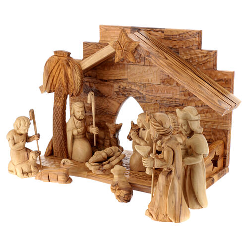 Stable with Nativity Scene set, 12 figurines of 14 cm, olivewood, 20x30x15 cm 4