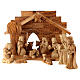 Stable with Nativity Scene set, 12 figurines of 14 cm, olivewood, 20x30x15 cm s1