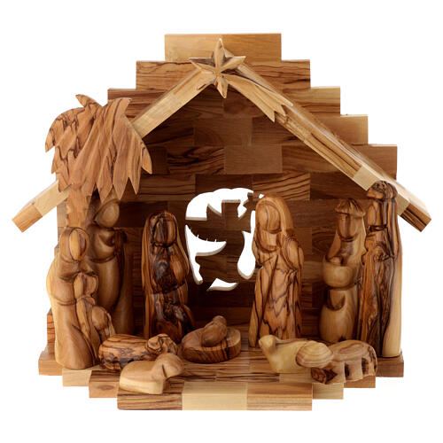 Stable with Nativity Scene set, 11 figurines of 10 cm and cut-out angel, olivewood, 20x25x15 cm 1