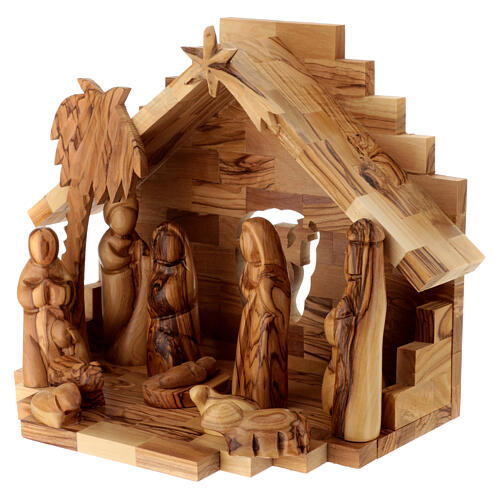 Stable with Nativity Scene set, 11 figurines of 10 cm and cut-out angel, olivewood, 20x25x15 cm 3