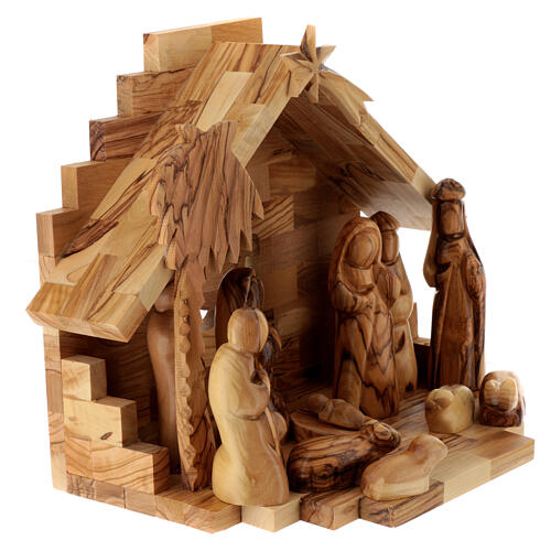 Stable with Nativity Scene set, 11 figurines of 10 cm and cut-out angel, olivewood, 20x25x15 cm 4