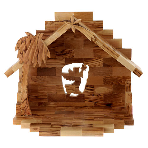 Stajenka z drewna oliwnego, 11 postaci 10 cm, anioł „Gloria” perforowany, 20×25×15 cm 5