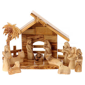 Stable with 8 cm Nativity Scene set, 11 characters, Bethlehem olivewood, 20x25x10 cm