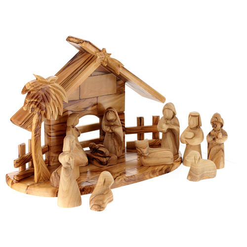 Stable with 8 cm Nativity Scene set, 11 characters, Bethlehem olivewood, 20x25x10 cm 3