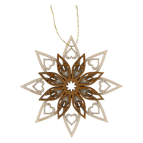 Holzanhänger, Grödnertal – dreilagiger Stern mit Herzen, 9 cm 1