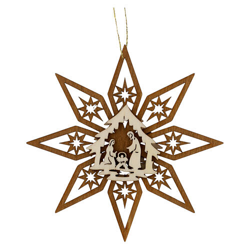Addobbo legno Val Gardena natività su stella 11 cm 1